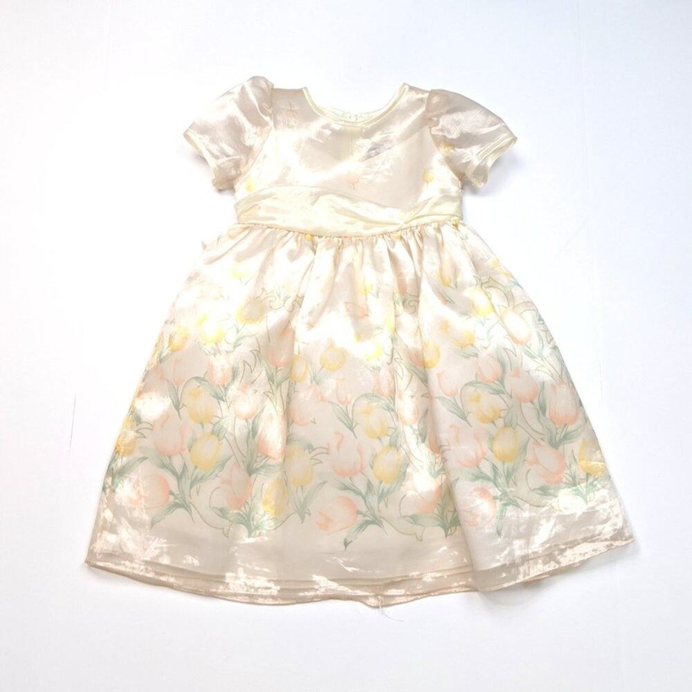 Vintage 90s Crayon Kids Girls Dress Sz 2T Cream Easter Holiday Tulip Floral